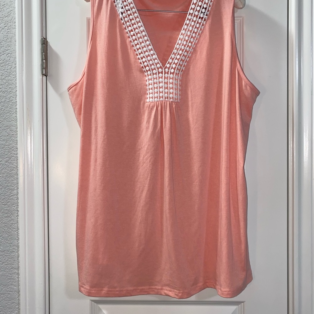 Cotton Sleeveless Tank with White Embellishment at the neck/bodice 2X